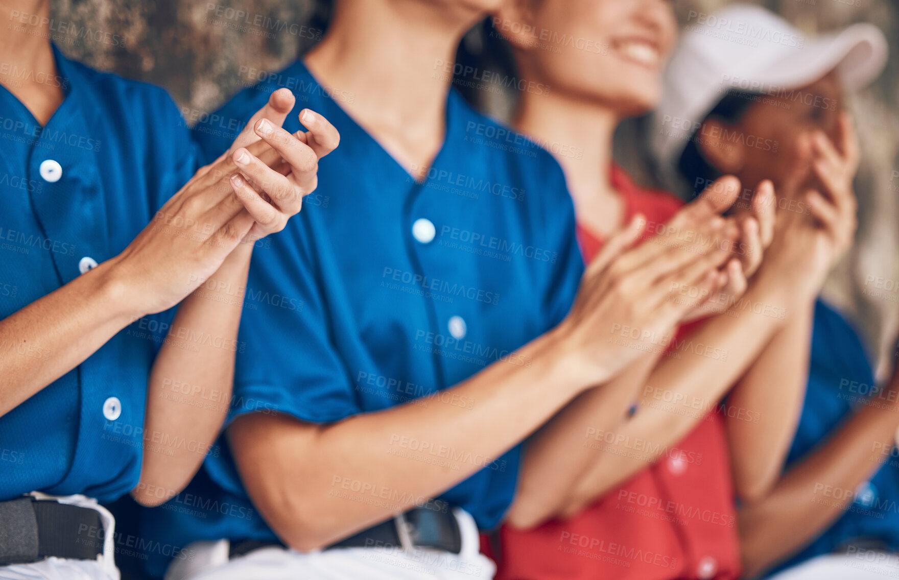 Buy stock photo Sports hands, applause and baseball team watch game, celebrate homerun and support softball player from dugout. Success achievement, winner and closeup people clapping, congratulations and teamwork