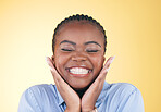 Happy face, hands of black woman and teeth in studio isolated on a yellow background. Smile, touch and dental wellness of natural African model in cosmetic facial treatment, beauty and skincare