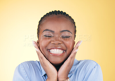 Buy stock photo Happy face, hands of black woman and teeth in studio isolated on a yellow background. Smile, touch and dental wellness of natural African model in cosmetic facial treatment, beauty and skincare