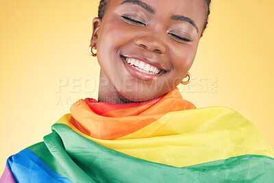 Buy stock photo African lesbian woman, pride flag and studio with smile, thinking or inclusion for gay freedom by yellow background. Student girl, rainbow cloth or fabric for vote, equality or happy for lgbtq icon