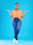 Portrait, showing and black woman with promotion, smile or opportunity on a blue studio background. Person, girl or model with happiness, decision or choice with presentation, discount deal or option