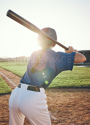 Buy stock photo Baseball, bat and a person outdoor on a pitch for sports, performance and competition. Behind professional athlete or softball player for game training at a field or stadium in summer with lens flare