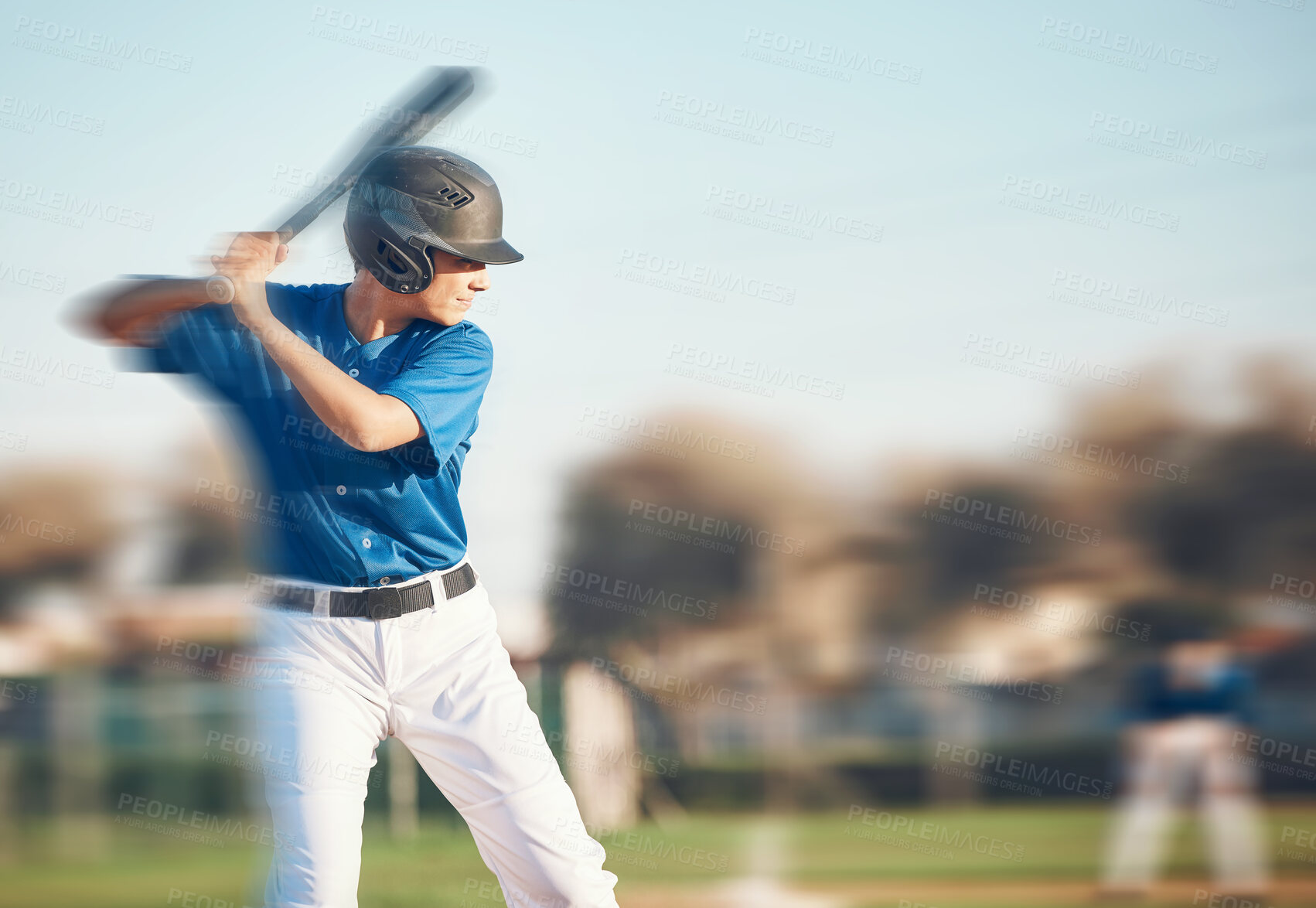 Buy stock photo Baseball, bat and a person swing outdoor on a pitch for sports, performance and competition. Professional athlete or softball player with motion blur game, training or exercise on a field with space