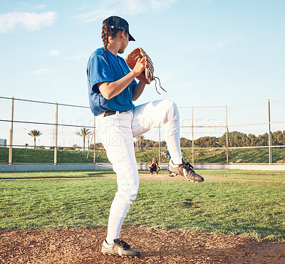 Buy stock photo Sports person, pitching and baseball outdoor on pitch for performance and competition. Behind professional athlete or softball player for team game, training or exercise challenge at field or stadium