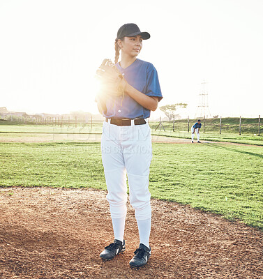 Buy stock photo Baseball, pitcher and sports person outdoor on a pitch for performance and competition. Professional athlete or softball woman thinking of a game, training or exercise challenge at field or stadium