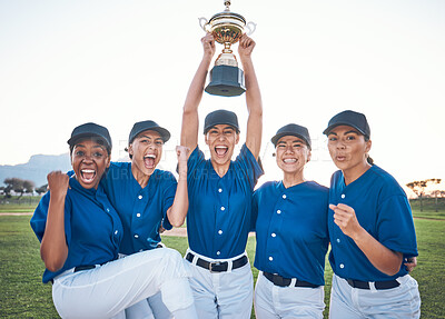 Buy stock photo Baseball, team trophy and winning portrait with women outdoor on a pitch for sports competition. Professional athlete or softball player group celebrate champion prize, win and achievement at a game