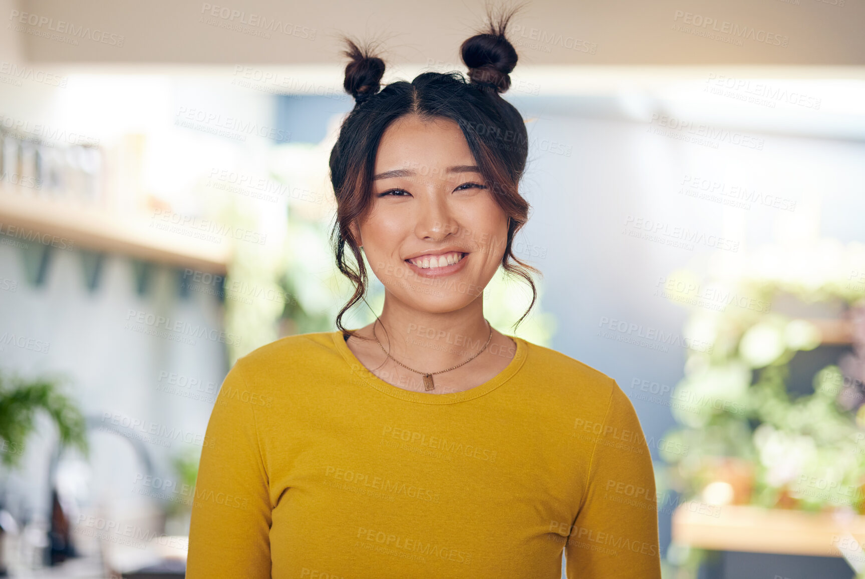 Buy stock photo Asian, woman and happy portrait in home with happiness of cool gen z person in kitchen, living room or apartment. Smile, face of girl and unique fashion, hair style or casual confidence in house