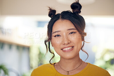 Buy stock photo Asian, woman and happy portrait in home with cool gen z person with a smile in kitchen, living room or apartment. Face, happiness and girl with unique fashion, hairstyle or casual confidence in house
