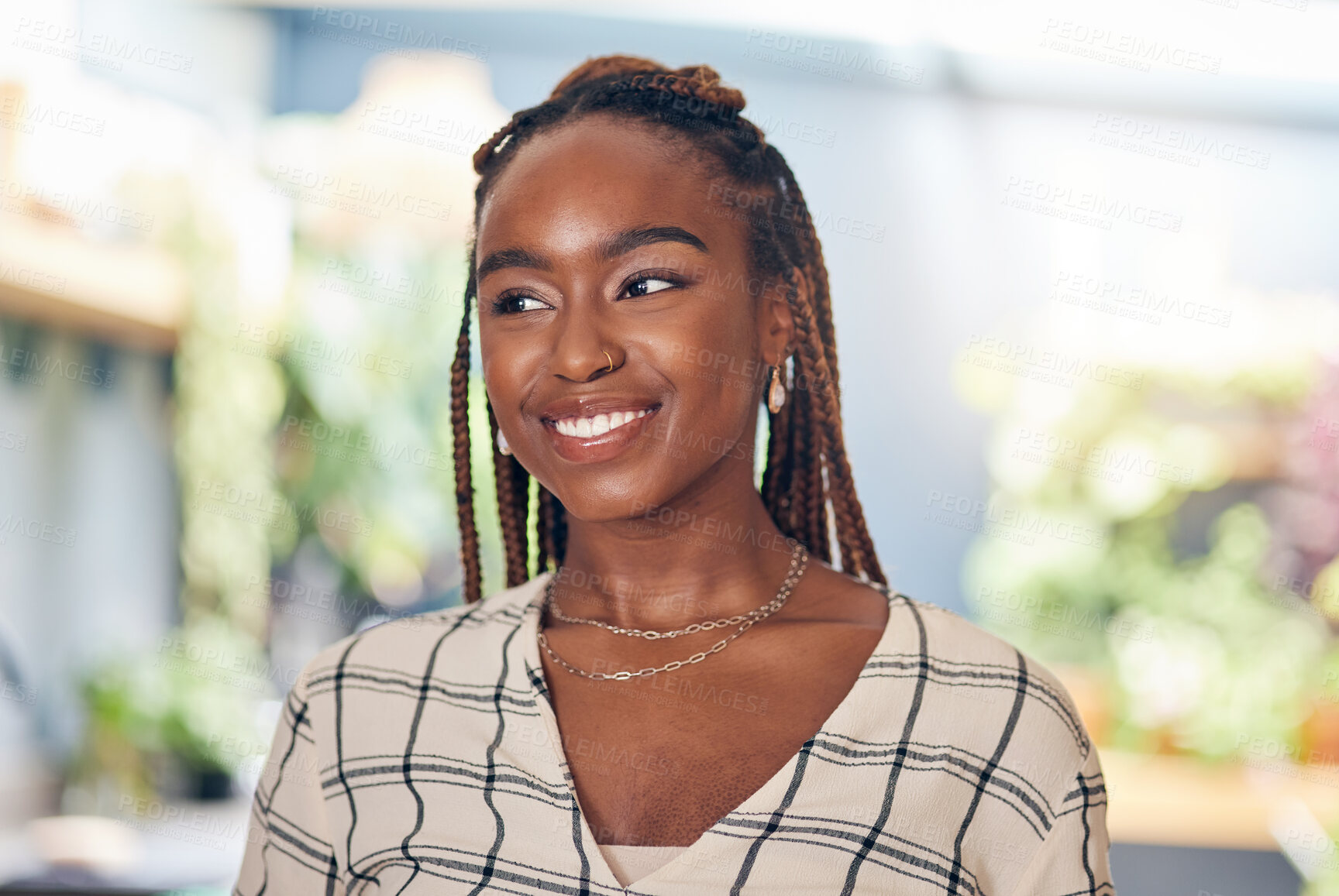 Buy stock photo Smile, thinking and a young black woman with idea, happiness and positive attitude. Happy student or african person with freedom, future plan and confidence for startup career, memory or motivation