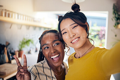 Buy stock photo Peace sign, friends and selfie with woman in living room for social media, relax and diversity. Smile, happiness and profile picture with portrait of people at home for content creator and influencer