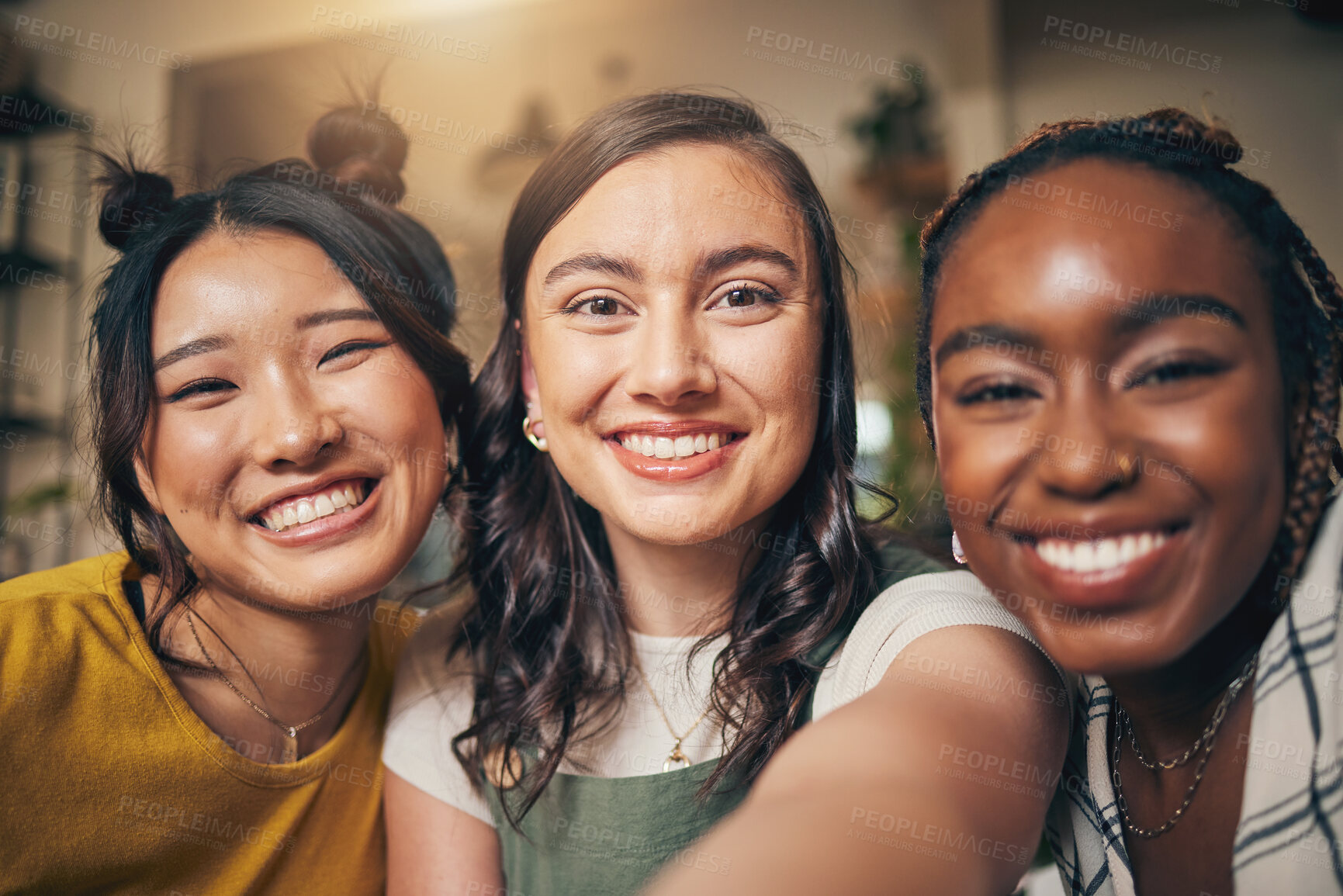 Buy stock photo Happy, friends and relax with women and selfie for social media, post and diversity. Smile, happiness and profile picture with portrait of people at home for content creator and influencer together