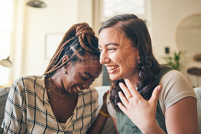 Buy stock photo Smile, funny and friends with women on sofa for relax, bonding and conversation. Happy, support and joke with people laughing in living room at home for gossip, chat and discussion together