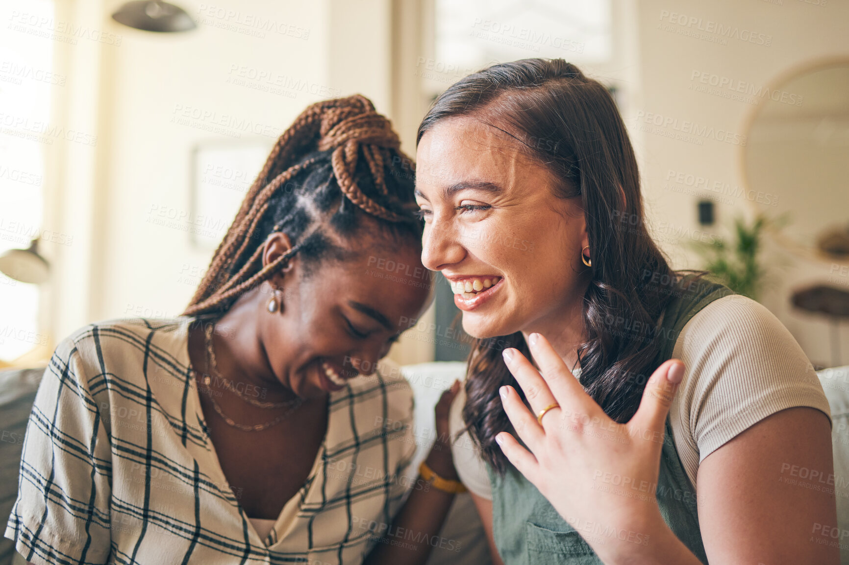 Buy stock photo Smile, funny and friends with women on sofa for relax, bonding and conversation. Happy, support and joke with people laughing in living room at home for gossip, chat and discussion together