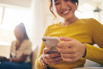 Buy stock photo Phone, networking and closeup of woman browsing on social media, mobile app or the internet. Technology, communication and closeup of a female person typing a text message on a cellphone at home.