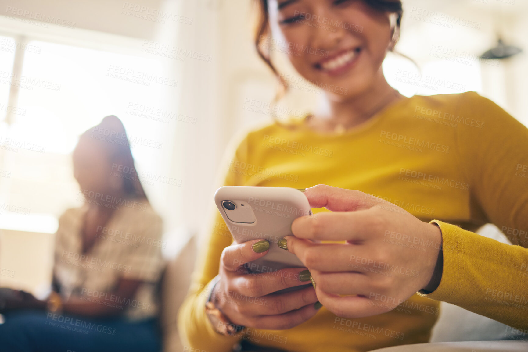 Buy stock photo Phone, networking and closeup of woman browsing on social media, mobile app or the internet. Technology, communication and closeup of a female person typing a text message on a cellphone at home.