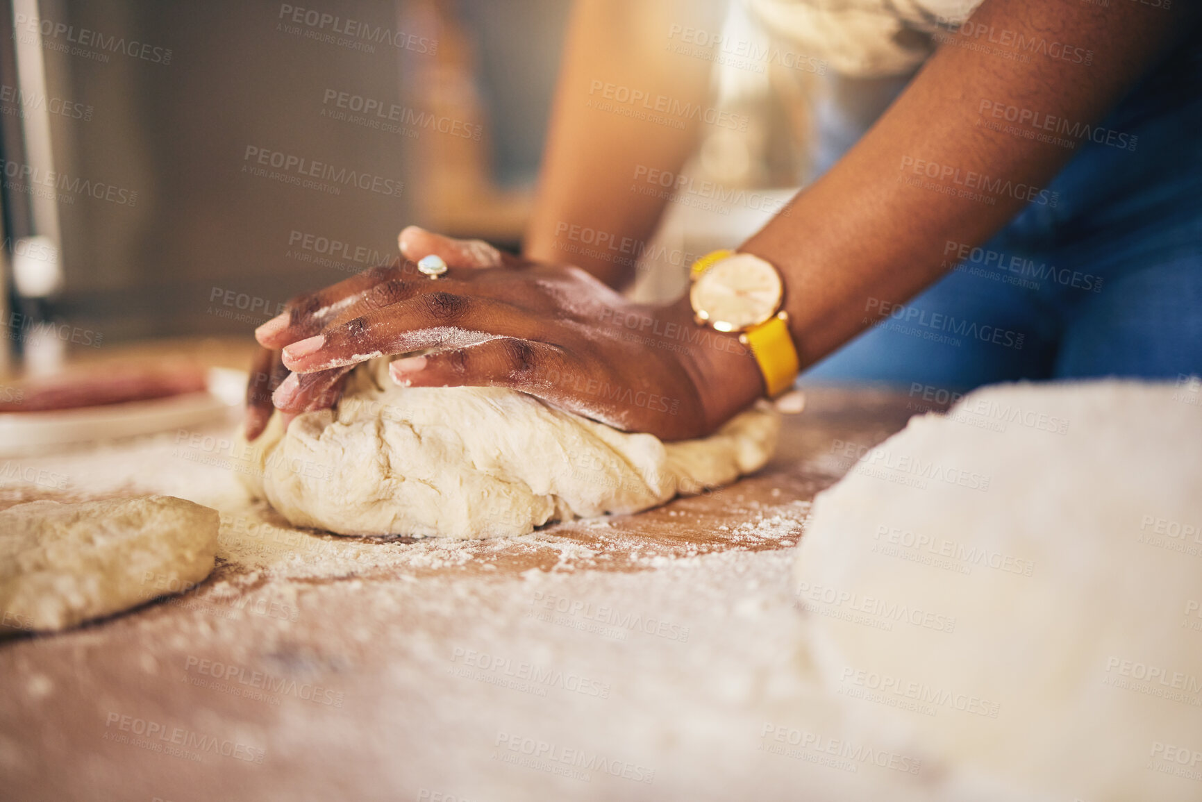 Buy stock photo Baking, hands and woman in a kitchen for bread, pizza or handmade food at home. Wheat, mix and female chef with messy fingers from cooking, fun and preparing diy, pasta or cake recipe in her house