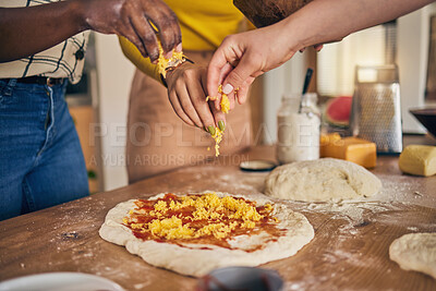 Buy stock photo Hands, cheese and pizza for cooking, together and ready for fast food, restaurant or helping with skill in Naples. Chef woman, dough and tomato sauce for cuisine, culture and preparation with process