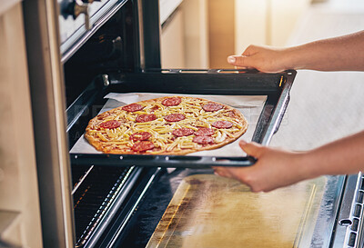 Buy stock photo Hands, open oven and cooking pizza for food, restaurant or fast food with skill in home kitchen for baker in Naples. Chef person, dough and tomato sauce for cuisine, culture and preparation process