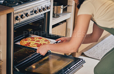 Buy stock photo Hands, open oven and pizza baker for food, restaurant and fast food with skill in home kitchen for baker in Naples. Chef woman, dough and pepperoni pie for cuisine, culture and preparation process