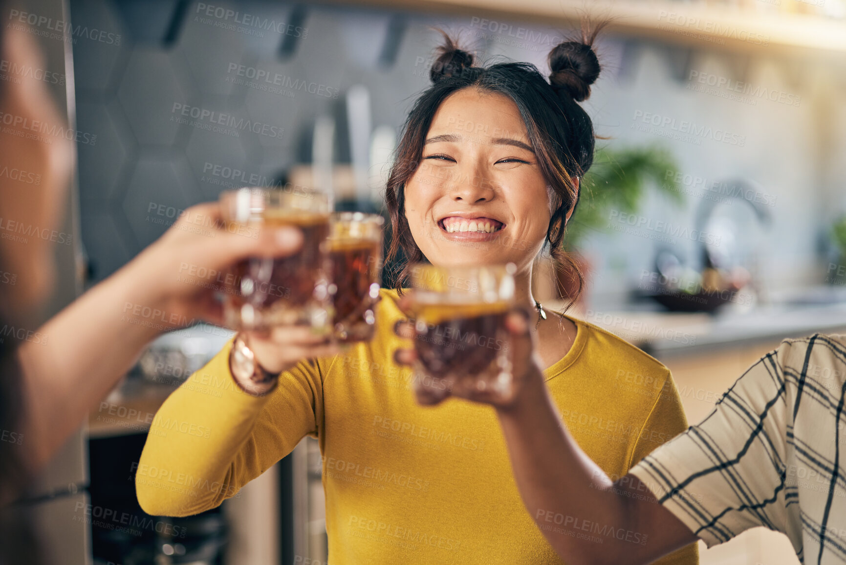 Buy stock photo Women group, toast cocktail and home with smile, celebration and party with alcohol, glass or juice. Friends, together and happy for event, culture and success with achievement in kitchen at house