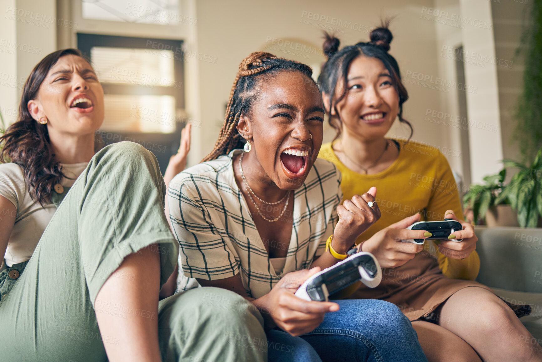 Buy stock photo Friends, women and gaming on tv, winner in home living room on sofa and smile, relax and bonding. Television, girls and celebration on video game success on couch, esports competition and excited