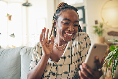 Buy stock photo Wave, phone and black woman on video call in home, communication and conversation. Smartphone, hello and happy person in webinar, virtual chat or online meeting, welcome and greeting on sofa in house