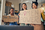Women, poster and preparation in home for protest, portrait or support for diversity, empowerment or goals. Girl friends, cardboard sign or ready with billboard for justice, human rights or equality