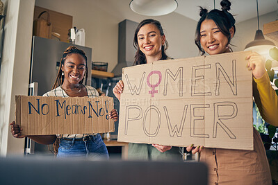 Buy stock photo Women, poster and preparation in home for protest, portrait or support for diversity, empowerment or goals. Girl friends, cardboard sign or ready with billboard for justice, human rights or equality