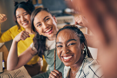 Buy stock photo Women, friends and selfie with strong arm flex at home bond, fun and relax at home. Portrait, happy and feminist influencer people with diversity smile for social media, blog or vlog profile picture