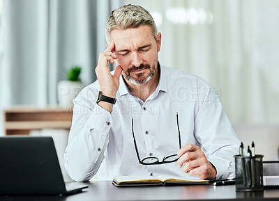 Buy stock photo Stress, anxiety and mental health with a business man in the office, working on a laptop for his report deadline. Burnout, headache and tax with a corporate manager overwhelmed by a financial crisis