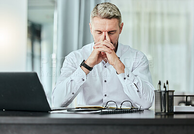 Buy stock photo Stress, burnout and headache with a business man in the office, working on a laptop for a report deadline. Anxiety, mental health and tax with a manager overwhelmed by bankruptcy or financial crisis