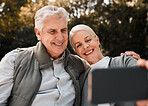 Senior couple, outdoor hiking and selfie with smile, web blog and memory in nature, sunshine and adventure. Elderly man, woman and together with social media, photography and profile picture in woods