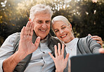 Senior couple, hiking and video call in nature, wave and smile outdoor with hello, sunshine and adventure. Elderly man, woman and webinar on social media, live streaming and excited for chat in woods