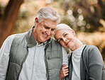 Smile, love and peace with old couple in nature for bonding, happy and support. Relax, happiness and retirement with senior man and woman walking in countryside park for vacation and commitment 