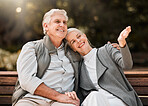 Love, park bench and senior happy couple relax, bonding and enjoy garden view, fresh air and nature wellness. Freedom, marriage and outdoor man, old woman or retirement people on romantic date