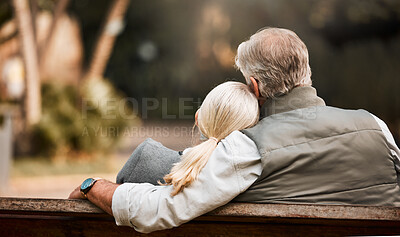 Buy stock photo Park bench, back and relax couple bonding, care and cuddle together, connect and hug on outdoor forest break. Natural wellness, honeymoon and marriage people support, care and on romantic woods date