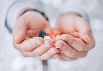 Buy stock photo Hands, pills and doctor or pharmacist with healthcare, medical or medicine drugs closeup. Hospital, clinic or pharmacy with pharmaceutical, wellness and virus prevention medication for help and care