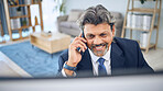 Phone call, computer and mature happy man on business conversation, communication and talking with investment contact. Cellphone, networking and person consulting about online info, report of project