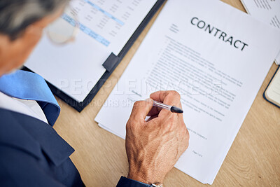 Buy stock photo Legal, contract and signature with businessman hand, pen and lawyer with document, paperwork or deal agreement. Business, offer and attorney signing professional policy, form or application of law