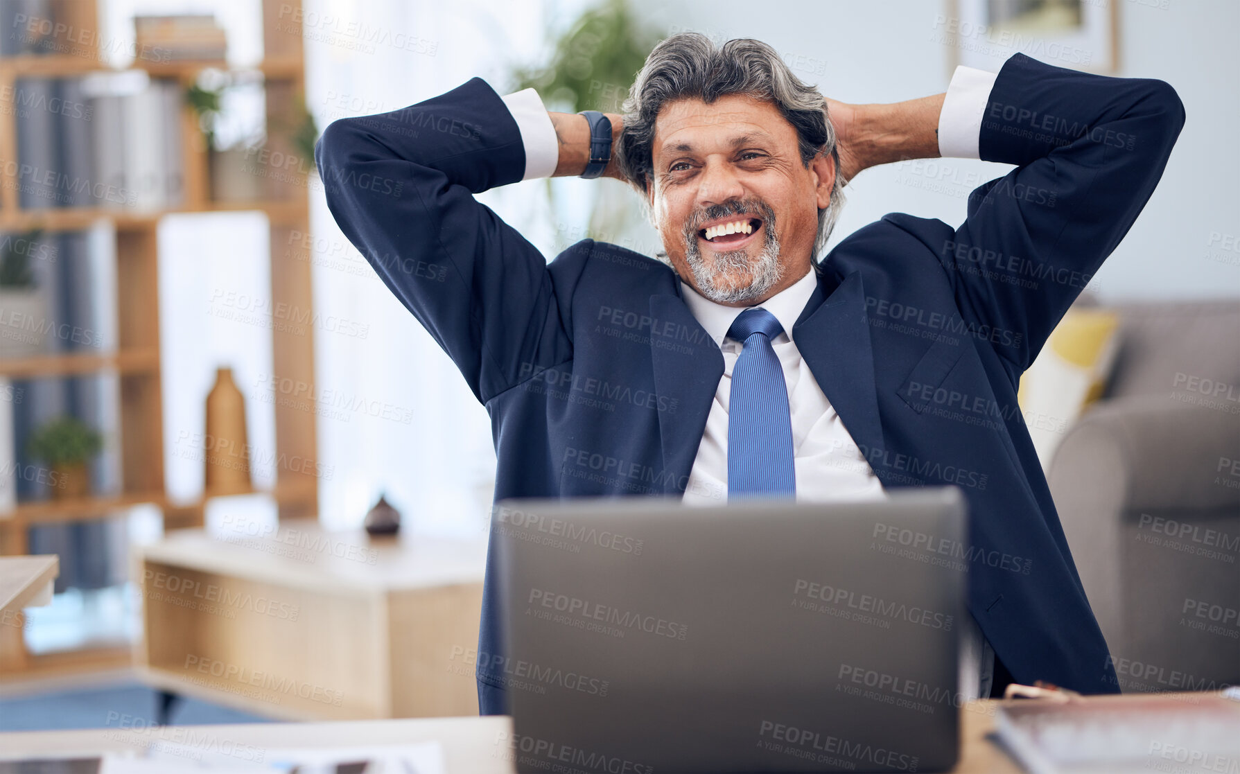 Buy stock photo Business, relax and man with a laptop, smile and finance with connection, feedback and investment. Person, investor and hedge fund manager with a pc, hands behind head and stock market with profit 