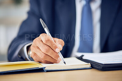 Buy stock photo Hand, pen and writing in a notebook with a manager at a desk in his office closeup to schedule an appointment. Planning, management and journal with a business man in the corporate workplace