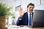 Discussion, video call and businessman with a laptop in the office for a team management webinar. Greeting, professional and mature male manager in a virtual meeting with a computer in the workplace.