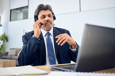 Buy stock photo Business man, call center and laptop for consultant in communication, sales or virtual meeting. Corporate agent, financial advisor or manager speaking on computer or video for work from home webinar
