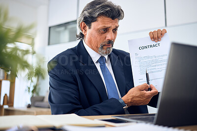 Buy stock photo Contract, video call and businessman with a document in the office talking to an online client. Discussion, paperwork and mature professional male lawyer in a virtual meeting on a laptop in workplace