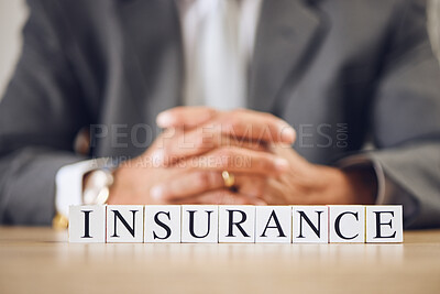Buy stock photo Business person, hands and blocks for insurance, financial advisor or accounting on office desk. Letter or word of finance accountant, lawyer or real estate agent for investment, loan or bank cover