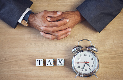 Buy stock photo Taxes, clock and hands of person with building blocks on table from above for planning, future and investment. Budget, payment and accounting with alarm for time, income and economy mockup space
