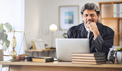 Buy stock photo Justice, man and portrait in office with laptop for working in law firm, court research or search online for legal policy or rules. Judge, attorney or mature businessman in communication on computer