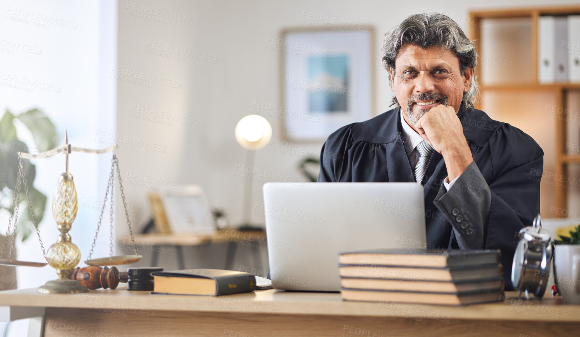 Buy stock photo Justice, man and portrait in office with laptop for working in law firm, court research or search online for legal policy or rules. Judge, attorney or mature businessman in communication on computer