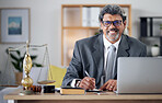 Justice, lawyer and portrait in office with laptop for working in law firm, court research or search online for legal policy or rules. Judge, attorney or mature businessman review report on computer