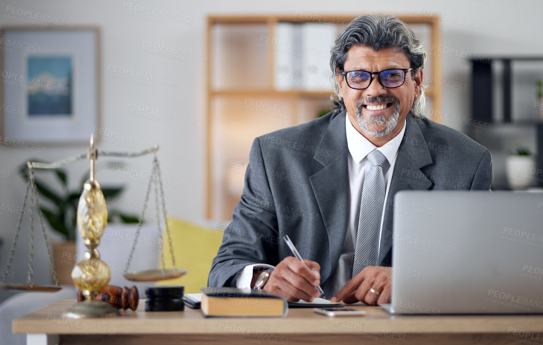 Buy stock photo Justice, lawyer and portrait in office with laptop for working in law firm, court research or search online for legal policy or rules. Judge, attorney or mature businessman review report on computer